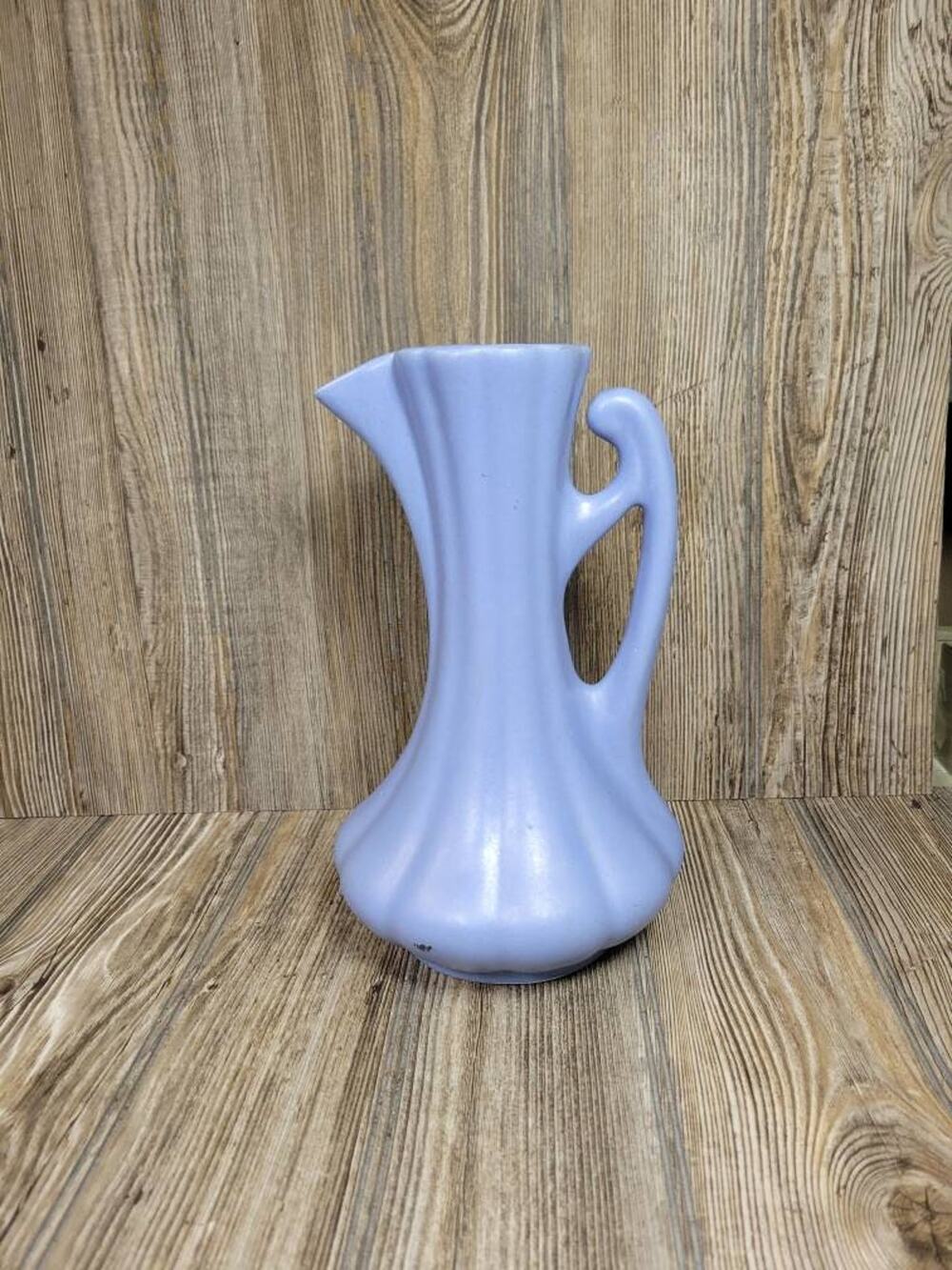 Vintage Camark Pottery Pitcher Periwinkle Blue Ribbed Art Deco Ceramic Ewer Vase